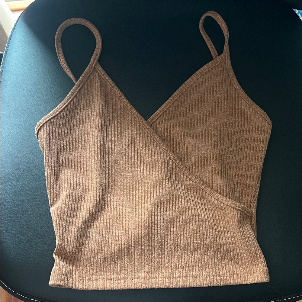 Brown Ribbed Wrap Top